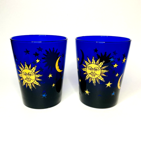 2 Vintage Libbey Celestial Sun Moon Stars Cobalt Blue Glass 16 oz Tumblers MINT