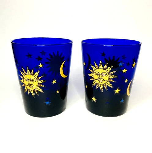 2 Vintage Libbey Celestial Sun Moon Stars Cobalt Blue Glass 16 oz Tumblers MINT