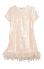 LIKELY Women's Sequin Marullo Dress Rose Pink Feather Short Sleeve Shift Mini 00