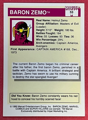 1990 Impel Marvel (MCU) Comics #53 BARON ZEMO SUPER-VILLIANS NM Condition - Picture 2 of 3