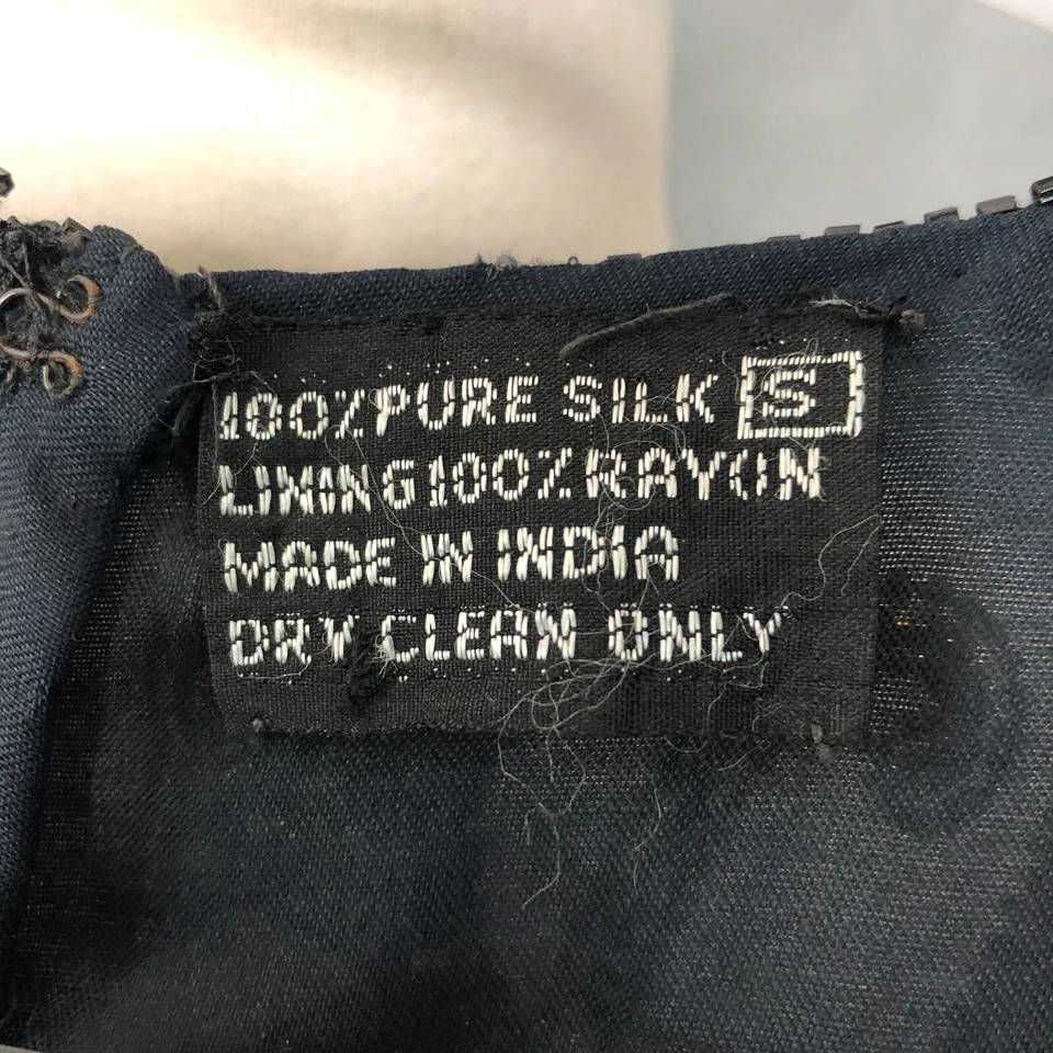 Vintage Embellished Silk Dress Size Small Black Gold Fancy Beaded Sequined Shift - Image 3 of 4