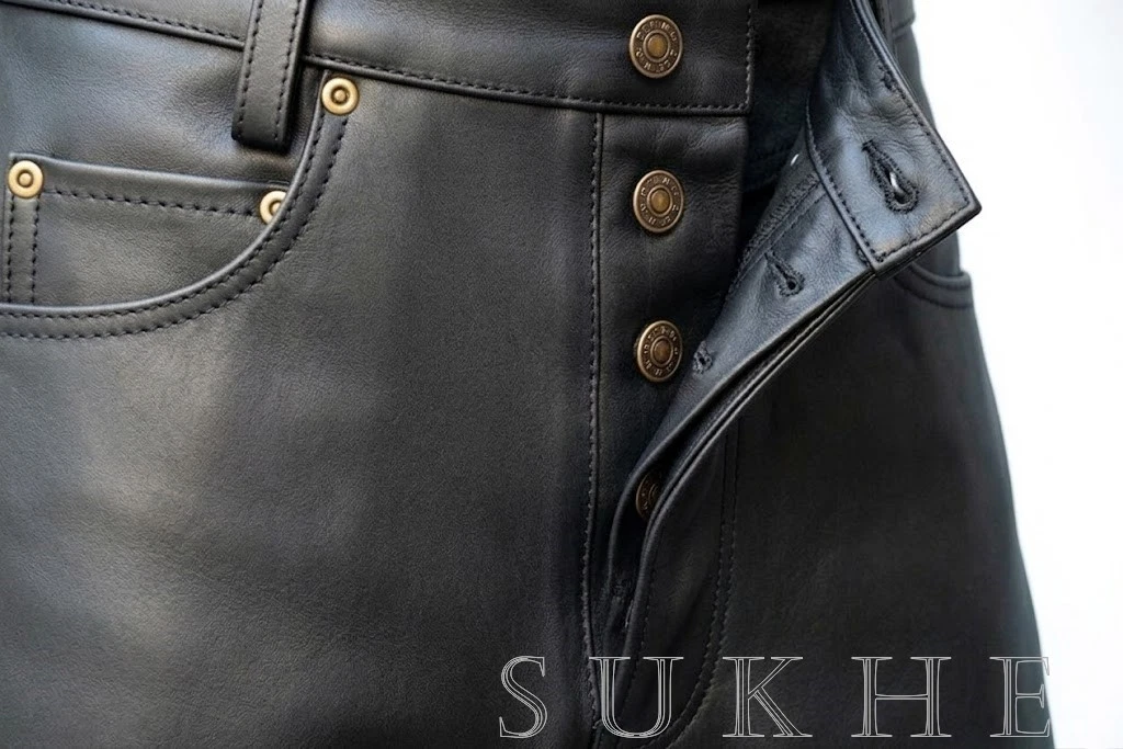 Light Weight Thin Button Fly Pants Men's Cowhide Leather Pant Custom Length