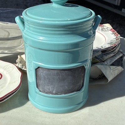 Blue Ceramic Kitchen Canister 7 oz with Lid Handle & Chalkboard Label