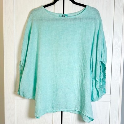 JNC Couture Italy Womens Turquoise 100 % Linen Oversized Dolman Sleeve Top  XL