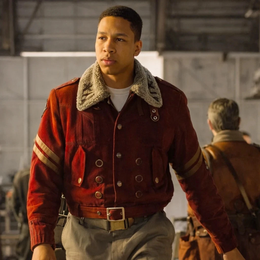 New Fallout S02 Maximus Red Jacket | Aaron Moten Shearling Suede Leather Jacket
