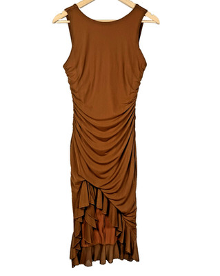 Brown Ruched Midi Dress Ruffle Hem Wedding Guest Spring Garden Party Size Large