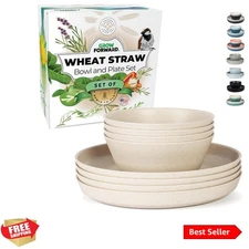 Wheat Straw Plates and Bowls Sets - 8-Piece Wheat Straw Dinnerware Sets - Unb...