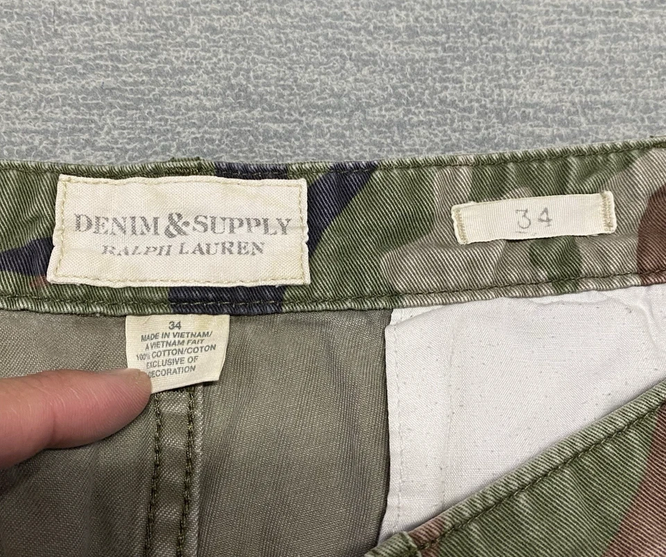 Pantalones Cortos Denim Supply Ralph Lauren Para Hombres 34 Verde Ejército Camuflaje Trabajo RL Polo Marrón Foto 4 de 4