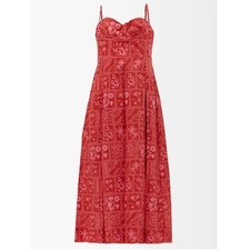 Agua By Agua Bendita Red Linen Mambo Midi Dress Pink Flowers Sz Large NWT $750