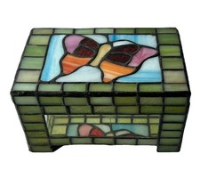 Vintage Stained Glass Trinket Butterfly Jewelry Box Chain Hinge Mirrored Bottom