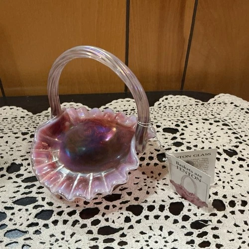 Fenton Iridescent Glass Basket Handmade In USA