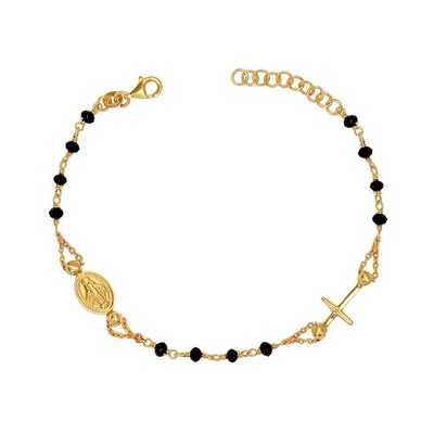 14K Gold-Plated Rosary Cross Charm Beaded Mother Mary Bracelet for Women 8.5 IN