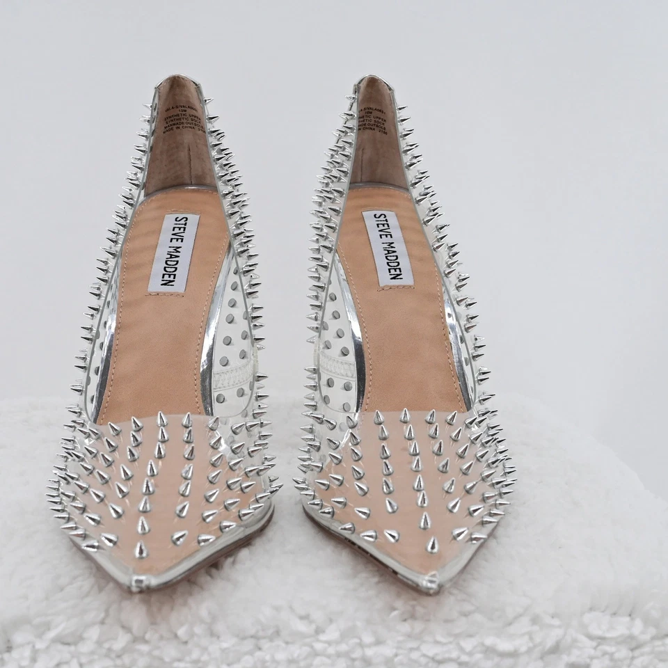 Zapatos de tacón de aguja Steve Madden transparentes con tachuelas plateados punta para mujer talla 10 vampiro Foto 3 de 4