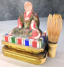 Japanese Antique Wood Carved Seated Monk Statue With Pedestal H5.5×W5.1×D3.5inch