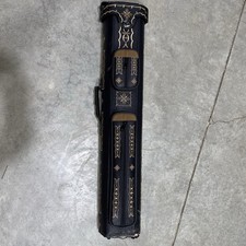 Black Billiard Cue Case with Gold Embroidery and Multiple Compartments. Flawed