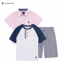 US Polo Assn. Boys 3pc Woven Shirt Henley Tee Shorts Set Outfit Size 4 54