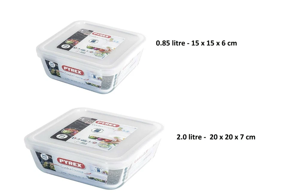 Pyrex 2 pcs Square Cook & Freeze Glass Dishes with Plastic Lids -Transparent