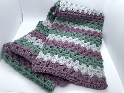 Handcrafted Crochet Granny Stripe Scarf 8.5x68  Cool Tones NEW
