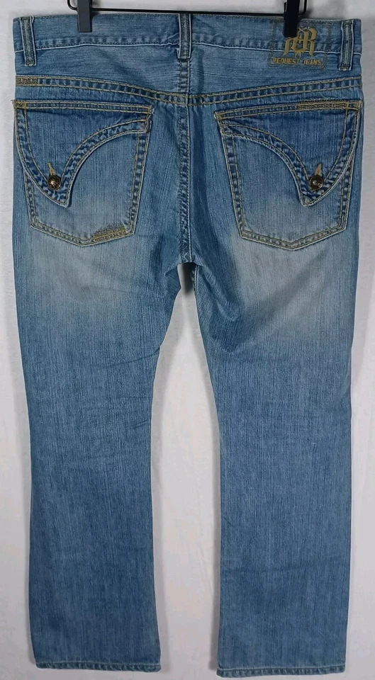 Pantalones de mezclilla para hombre Request 37 x 31 premium lavado medio solapa bolsillos cosidos bigotes Foto 2 de 4