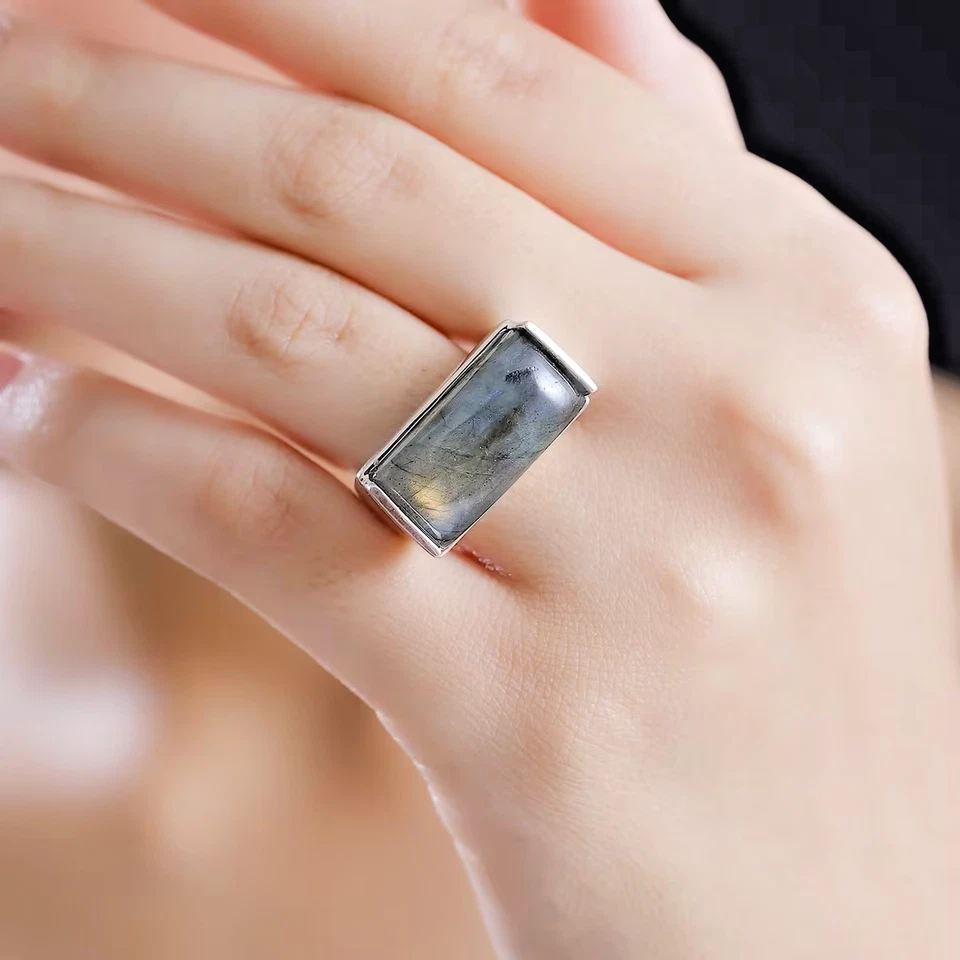 Anillo solitario labradorita malgache - enlace platino en acero inoxidable talla 5 NUEVO Foto 3 de 4