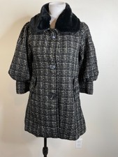 Hazel Tweed Coat Jacket Removable Faux Fur Collar Sz Small 3/4 Sleeves Black Nwt