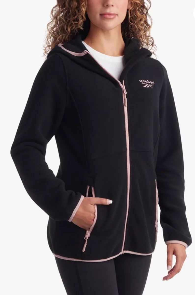 Reebok Womens Polar Fleece Hooded Fil zip Jacket Size Xl. Black With Pink  Trim