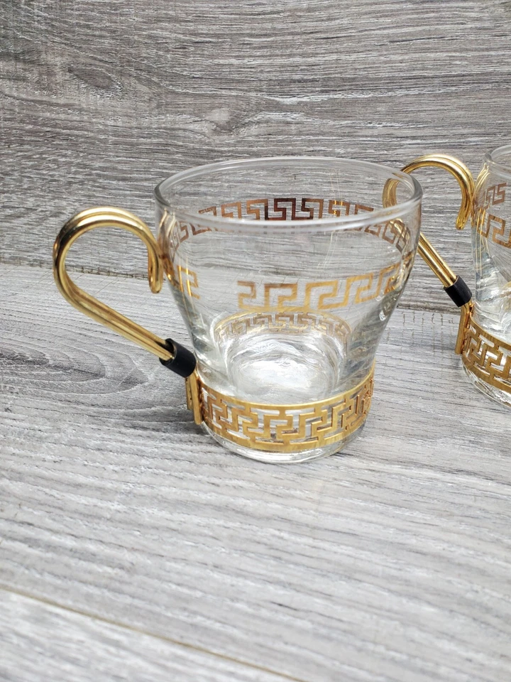 Винтажный Libbey 1960-х греческий набор из 4 ключей стеклянная чашка кружка металл с ручками барная стойка - Изображение 2 из 4