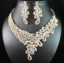 ELEGANT FLORAL AUSTRIAN RHINESTONE BRIDAL NECKLACE EARRINGS SET GOLD TONE N1786G