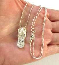 Hawaii Flip Flop Pendant Necklace Rhinestone Silver 16 to 18 in