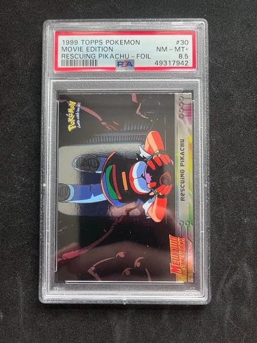 RESCUING PIKACHU 1999 Topps Pokemon First Movie Ed. Blue Logo Foil #30 PSA 8.5