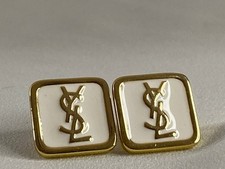 Saint Laurent YSL Gold Tone White Enamel Logo Square Stud Earrings Monogram