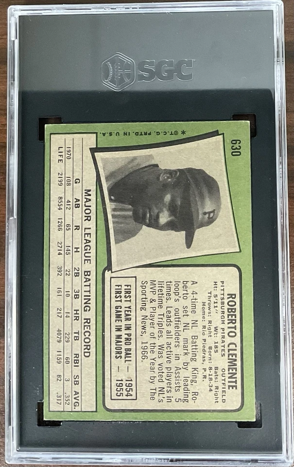 1971 Topps #630 Pittsburgh Pirates HOF Roberto Clemente Baseball Card SGC 4.5 - Image 2 of 2