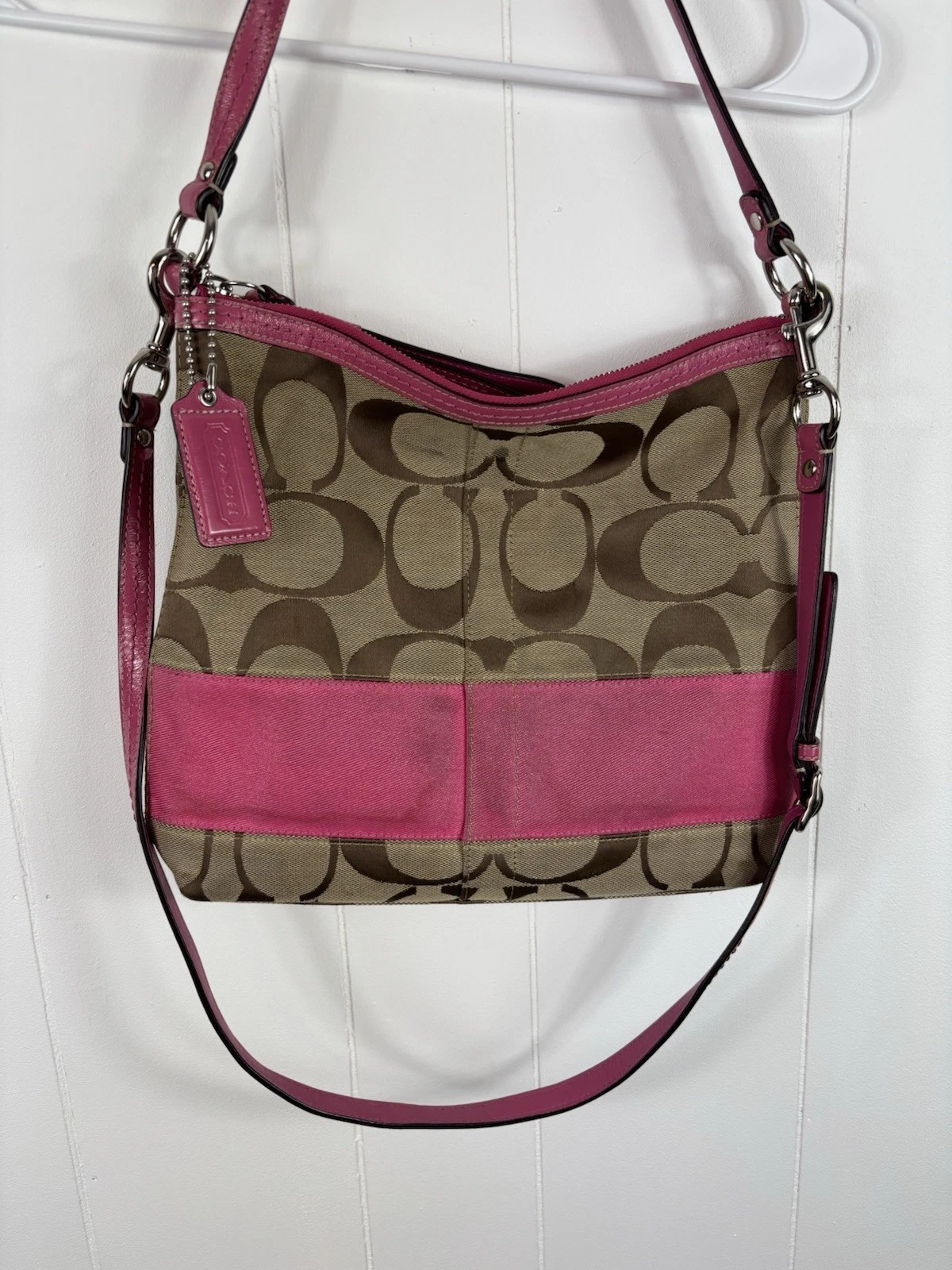Borsa a tracolla Coach Signature marrone tela rosa righe chiusura cerniera vintage Y2K