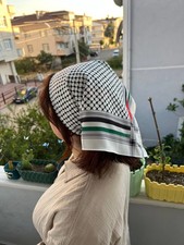 Palestinian Keffiyeh Scarf Black White Satin Traditional Geometric Design