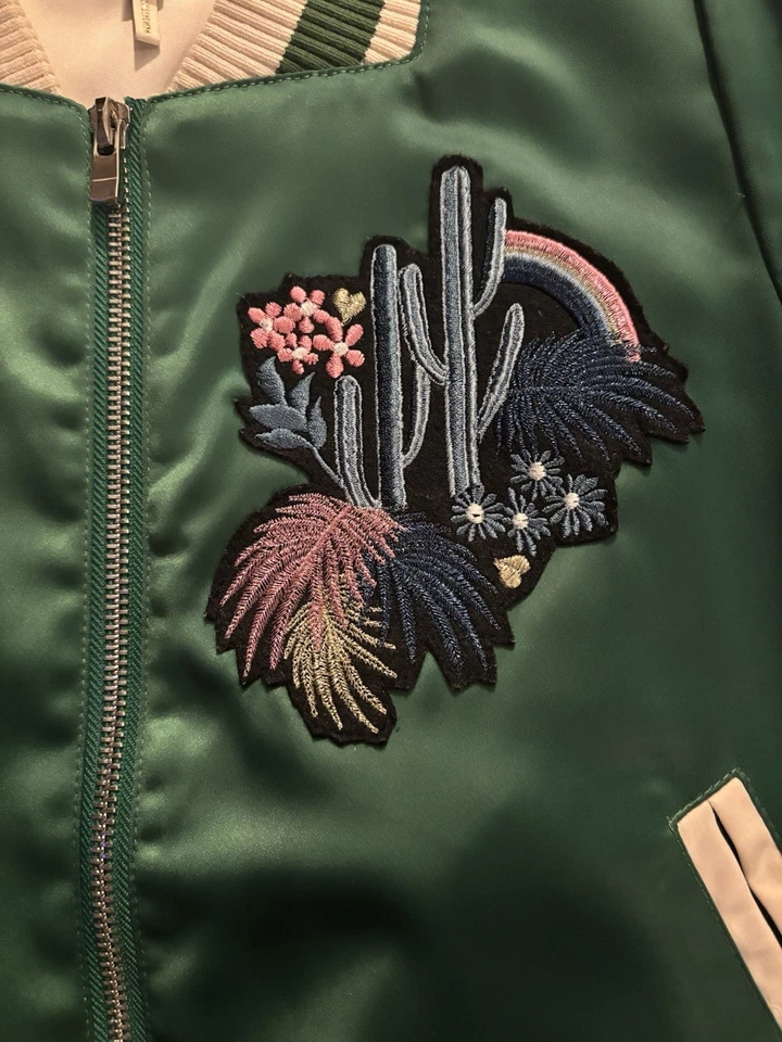 Maje Bacary Cactus Embroidered Satin Bomber Jacket Sz 40* Eleanor The Good Place - Image 2 of 4