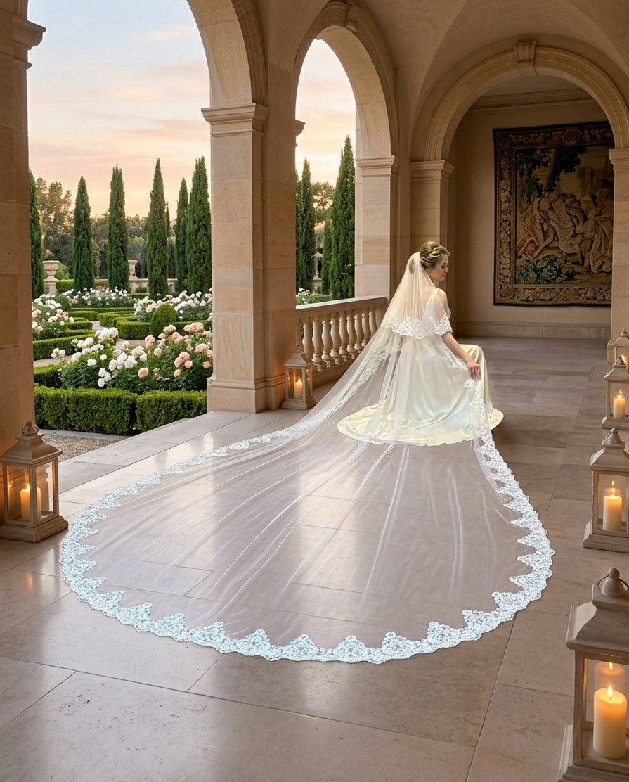 Bridal 2 Tiers lace veil cathedral veil lace blusher