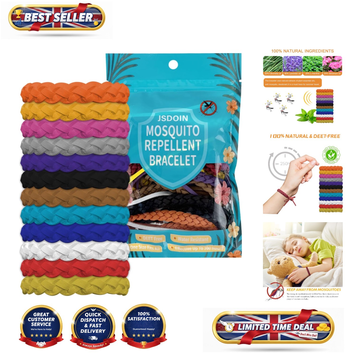 12PCS Natural Mosquito Repellent Bracelets - Adjustable & DEET-Free Protection
