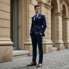 Men's Blue 2-Piece Suit Floral Embroidered Western Wedding Prom Slim