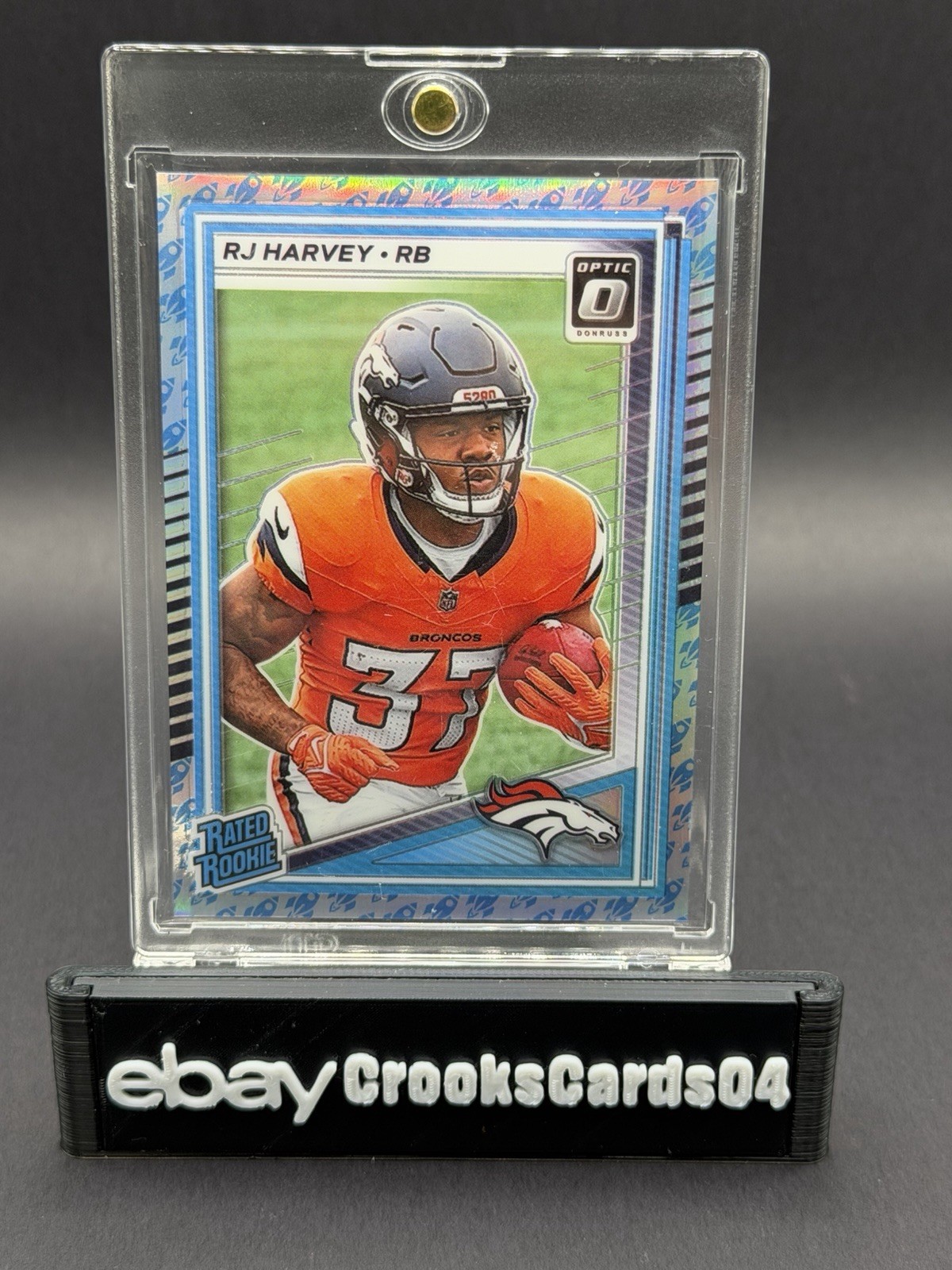 2025 Panini Donruss Optic #208 RJ Harvey Rocket Emoji Rated Rookie Broncos