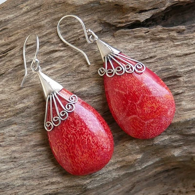 Teardrop Shape Red Coral Earrings 925 Sterling Silver Jewellery - EA117 - Image 1 of 4