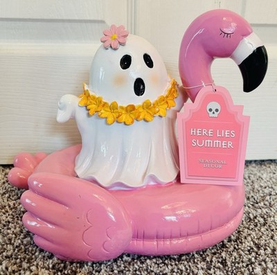 Summerween Ghost on Flamingo Pool Float 8  Figurine Decoration Here Lies Summer