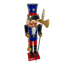 Nutcracker Soldier Axe Bells Decoration Blue Gold Christmas 24" Wood