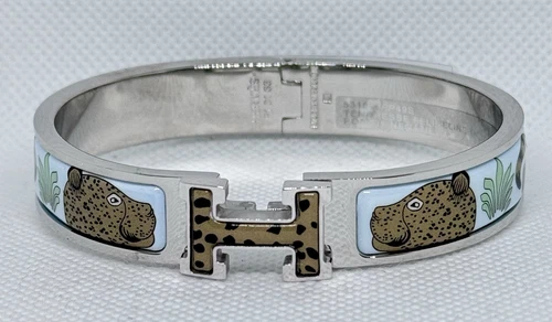 Hermes Clic H Les Leopard Blue Enamel Palladium Bracelet GM 19cm Birkin - Picture 2 of 4