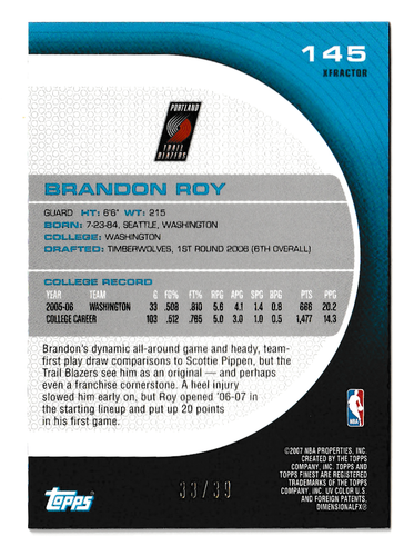 BRANDON ROY 2005 TOPPS FINEST BASKETBALL DRAFT REDEMPTION GOLD XFRACTOR RC 33/39 - Picture 2 of 2