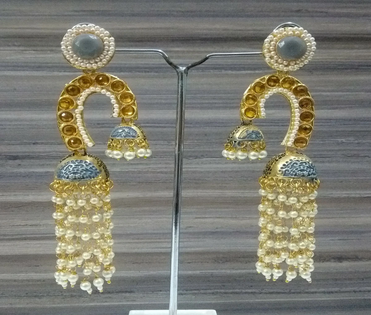 Indian Zaveri Pearls Earrings Pierced Grey Stone Studded Gold Plated Bridal Set