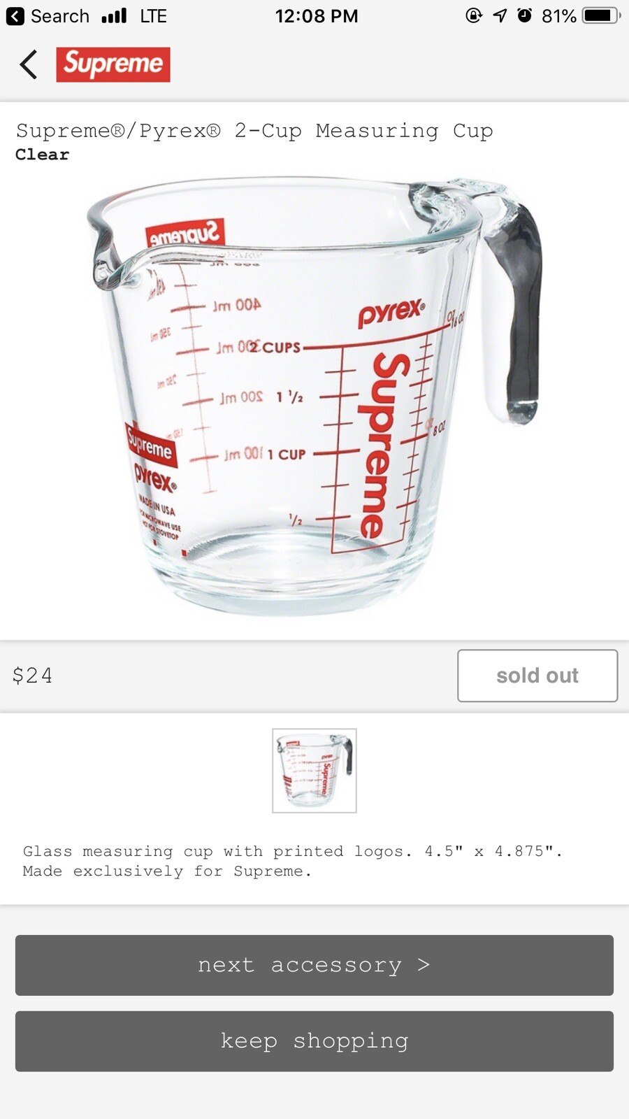 Supreme Pyrex 2-cup Measuring Cup IN HAND