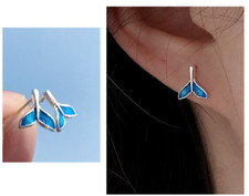 925Sterling Silver Fish Mermaid Tail Cute Blue Stud Earrings Women Girl Mom gift