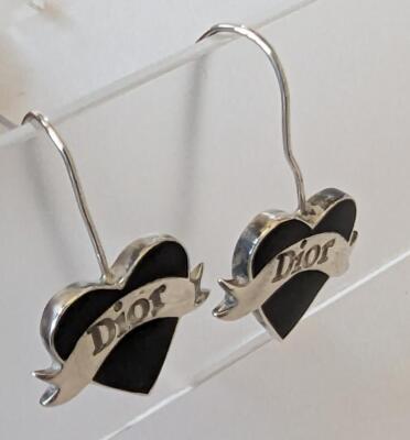 Christian Dior Heart Shaped Logo Hook Earrings Black Silver 925