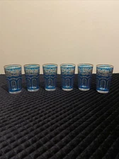 6 Old Moroccan FATH Gold Filigree & Blue on Clear Tea Glasses 3½in high