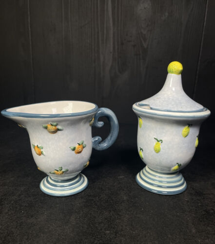 Sakura Ceramic Small Pedestal Sugar Bowl & Creamer 3D Lemon & Orange Baby Blue.